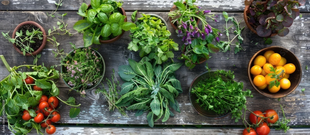 Poster a top-down view of freshly harvested vegetables and herbs from a local farm displayed on a rustic wo