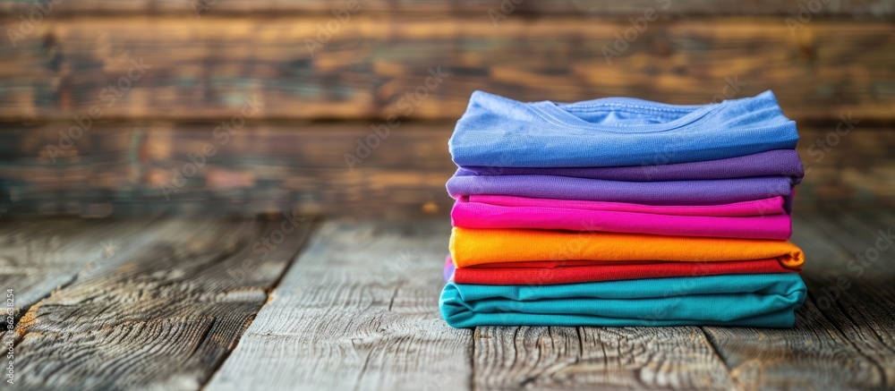 Poster colorful t-shirts stacked on a wooden backdrop with copy space image.
