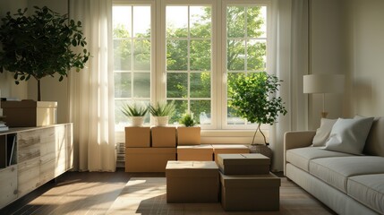 Fototapeta premium A living room with a large window and a potted plant. Boxes are stacked in the room, and a couch is in the background