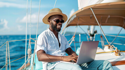 Man Enjoying Remote Work on laptop on yacht, blue ocean in sunny weather