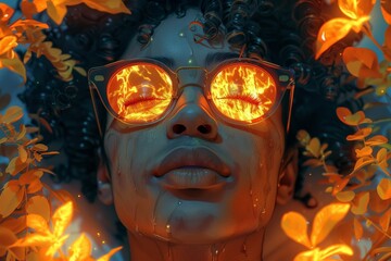 A vivid and imaginative artwork showing a portrait with a blurred face surrounded by bright orange and dark contrasting elements, creating a dynamic and colorful composition.