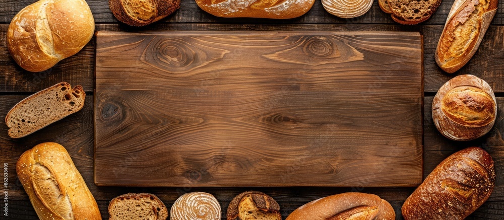 Poster Wooden border with fresh bread arranged for display, featuring a blank area for adding text or images within the frame of the photo. Copy space image. Place for adding text and design