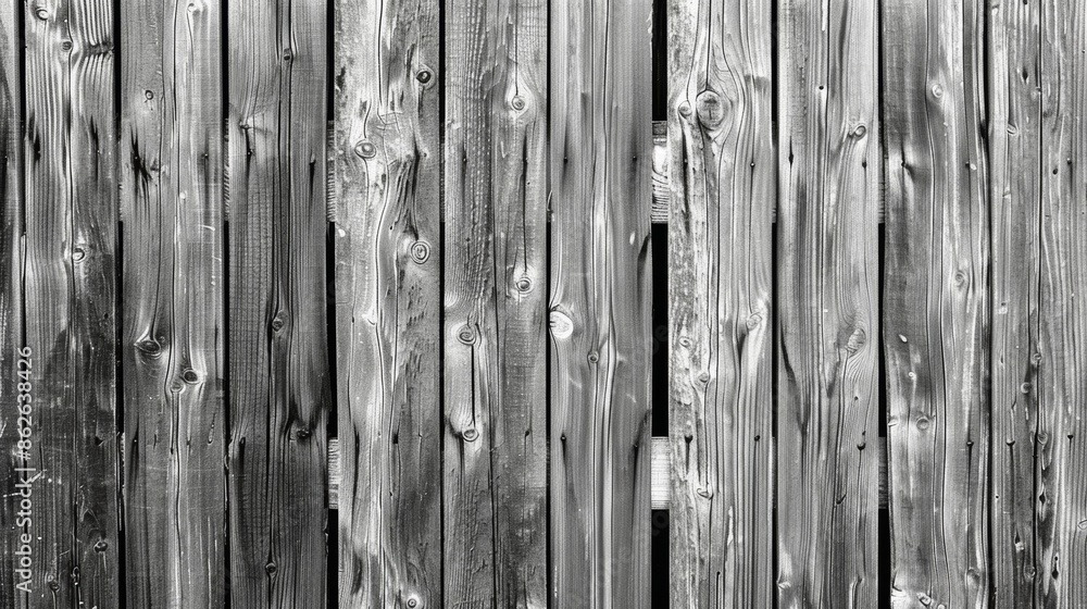 Poster a weathered cedar fence with its rugged texture and symmetrical pattern of ridges. black and white a