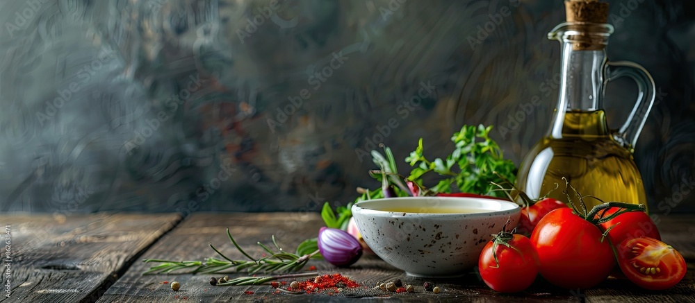 Poster on the table sits a fresh bowl of olive oil accompanied by vegetables and spices, creating a lovely 