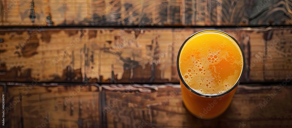 Poster a cool glass of orange juice on a wooden background with copy space image. fruit juices rich in vita