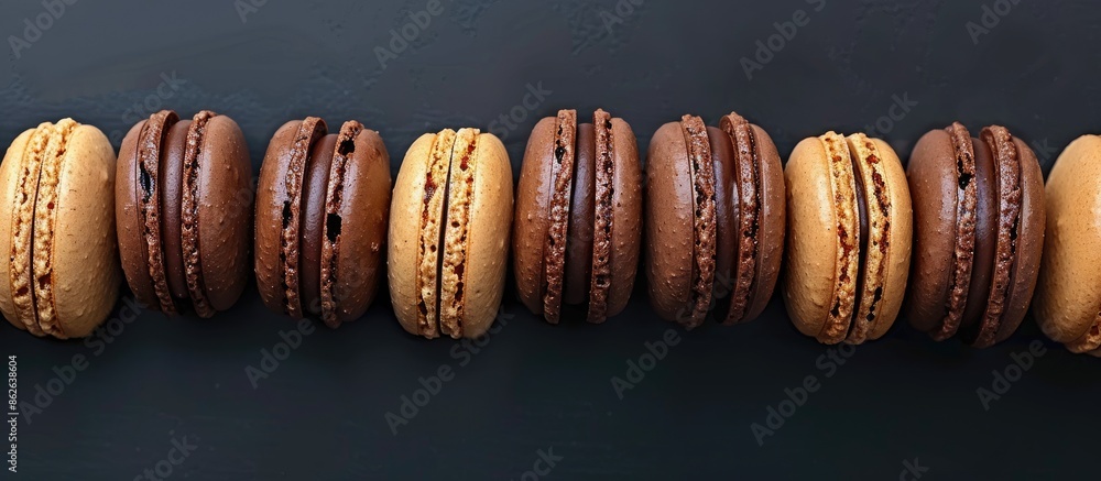 Aufkleber a row of pastel brown chocolate macarons or macaroons arranged on a dark backdrop with ample copy sp