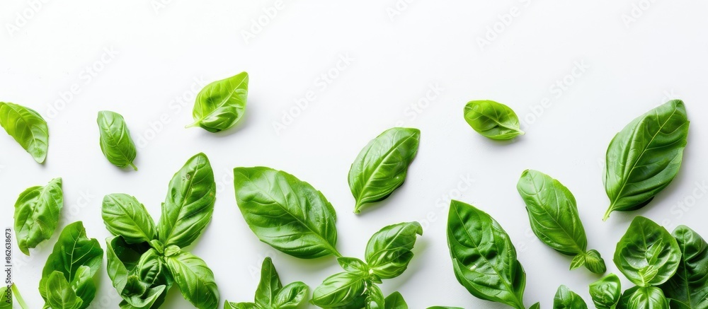 Poster basil leaves with a white background and ample copy space image displayed.