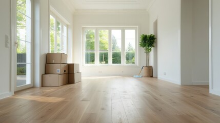 Fototapeta premium A large empty room with a box in the corner. The room is very clean and has a lot of natural light coming in through the windows