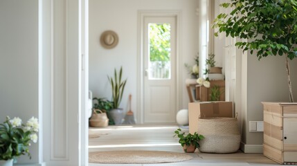A large open room with a white door and a window. A potted plant is on the floor near the door