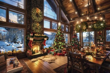 Fototapeta premium Cozy christmas scene with decorations, a warming fireplace and a christmas tree, Happy christmas, full of seasons greetings