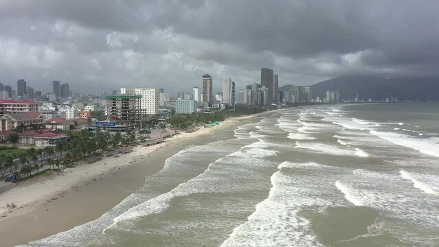 Aerial view of coastline and long white sand in Danang, Central Vietnam