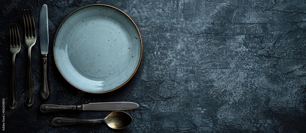 Poster cutlery laid out on a kitchen table with an empty ceramic plate against a dark textured concrete bac