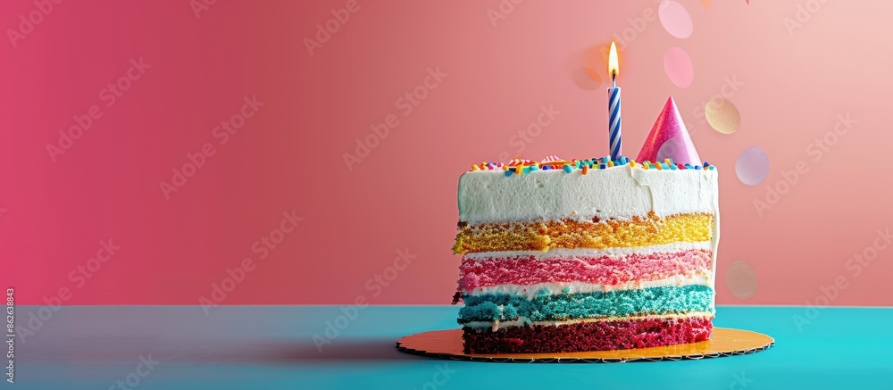 Poster colorful birthday cake displayed with a vibrant background for a copy space image.