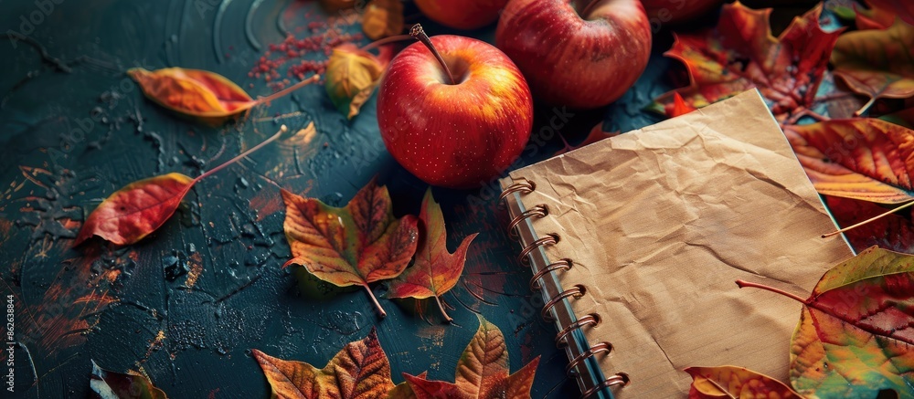 Aufkleber Notebook with autumn theme displayed in a copy space image.