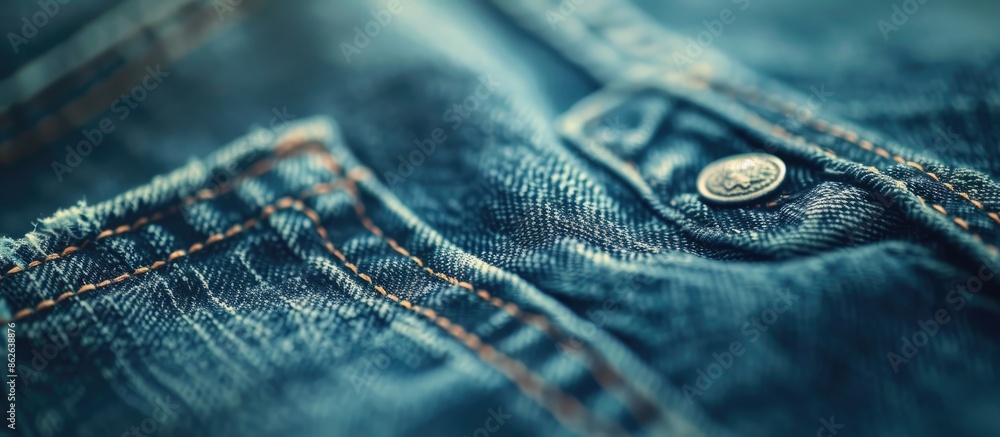 Poster blurry abstract close-up image of the texture of a blue denim jeans back pocket with copy space imag
