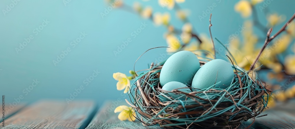 Poster easter-themed card with minimal design and a happy easter greeting on a copy space image.