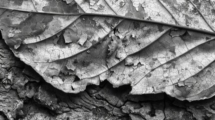 The black and white tones enhance the rugged gnarled texture of a leaf that has been weathered by the elements. Black and white art