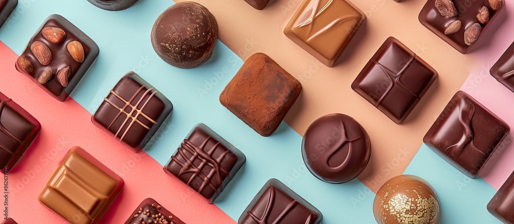 Poster top view of a variety of premium chocolates on a colorful background, emphasizing health and obesity