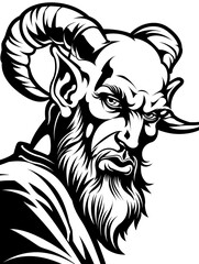 Fototapeta premium A cartoonish depiction of a bearded man with horns on his head. The man has a menacing look on his face and is wearing a robe