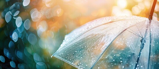Transparent umbrella with water droplets in rainy weather, featured in a copy space image.