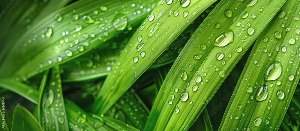 Poster close-up image of an exotic plant leaf with water drops, featuring a beautiful green grass texture w