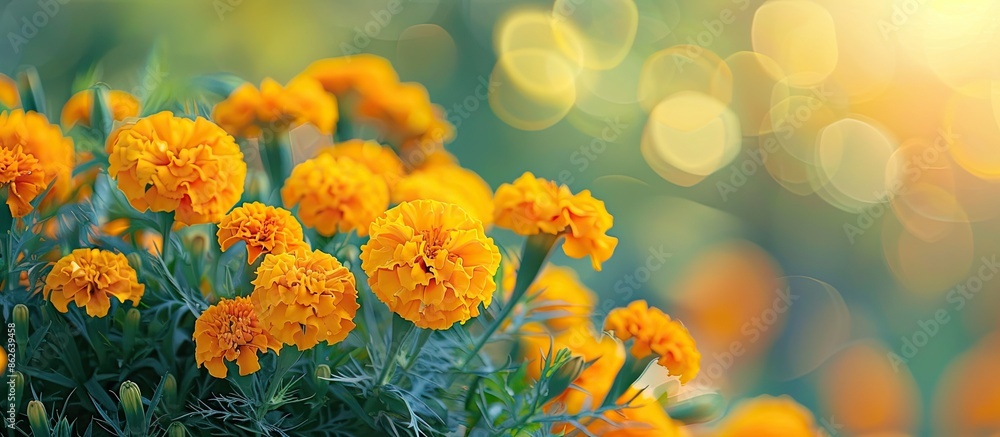 Aufkleber Selective focus on vibrant yellow marigolds in a flower bed with a blurred background ideal for text placement in a copy space image.
