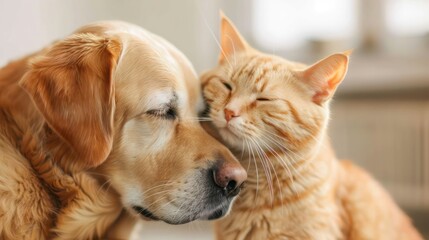 A dog and a cat are laying next to each other, with the dog looking at the cat