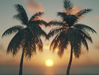 Fototapeta premium Coconut palm trees sway against a tropical sunset, painting a serene and idyllic setting ideal for tropical aesthetics.