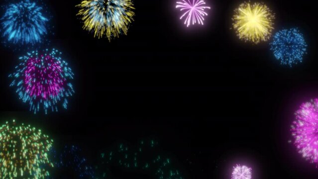 Colorful fireworks on alpha channel sequentially ignite, creating a festive border effect for celebrations and special events.