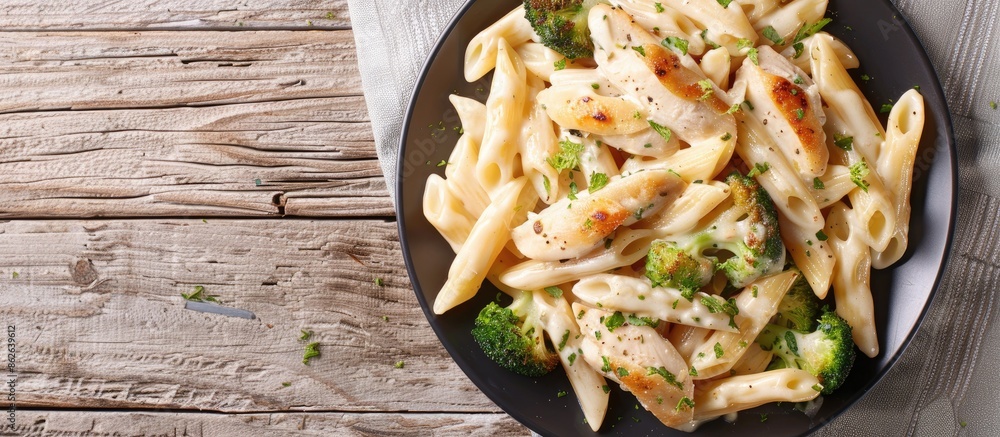 Poster top view of a plate with homemade penne alfredo pasta featuring chicken and broccoli, photographed f