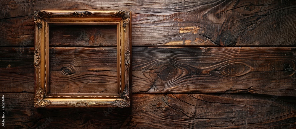 Poster wooden antique frame displayed on a wooden background with copy space image available.
