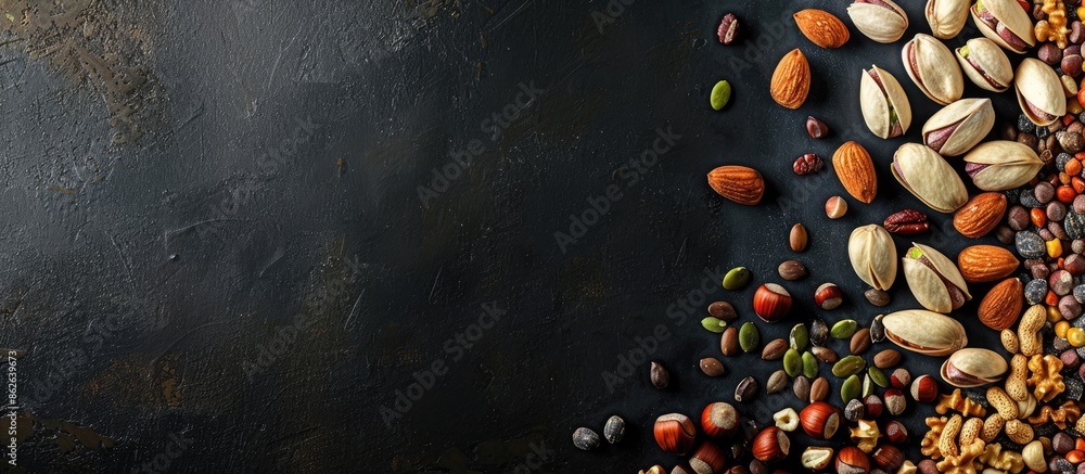 Aufkleber Various nuts displayed on black backdrop, offering a nutritious snack option. Overhead perspective with room for text or images. Copy space image. Place for adding text and design