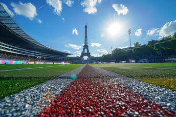 stadium view to the eiffel tower of paris - olympic games  concept
