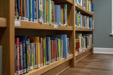 Fototapeta premium Comprehensive educational resources displayed on shelves, providing a wide selection of learning materials for students and educators to choose from.