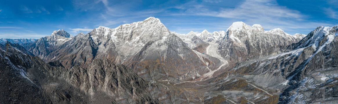 Aerial view of snowy Himalayan mountains in Rolwaling valley, Gauri Sankar, Nepal.
