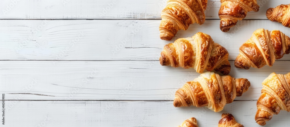 Poster top view flat lay of croissants on a white wooden surface with copy space image.
