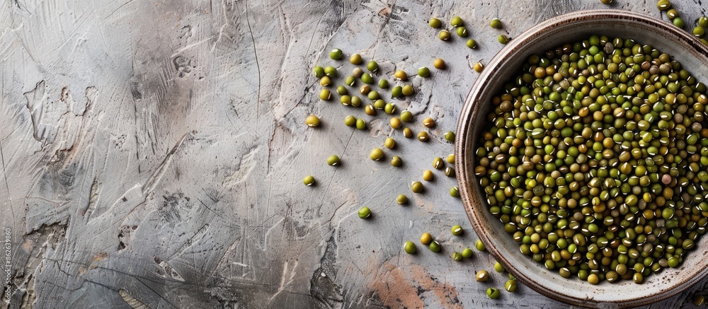 Poster Mung beans in a plate with legumes in a bowl in the background, displayed from a top view with room for text or graphics alongside the image. Copy space image. Place for adding text and design