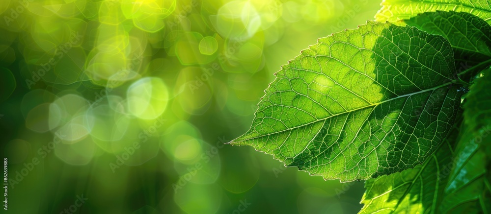 Poster Close-up of a green leaf against a blurred greenery backdrop in a garden with a copy space image, reflecting a natural and fresh wallpaper concept.