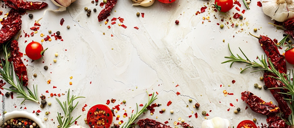 Poster circular grid with sun-dried red tomatoes, garlic, and italian herbs, perfect for text. ideal for fo