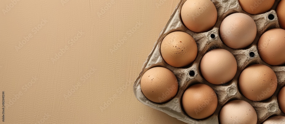 Poster Eggs arranged neatly in a carton on a plain beige surface, providing a simple and clean backdrop for a potential copy space image.