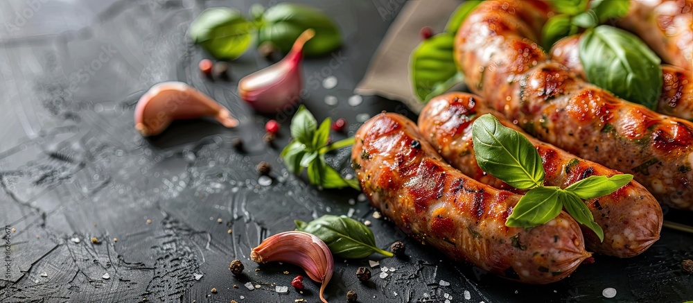 Poster Beef sausages fried with basil, garlic, and onion on a dark backdrop with a side view and ample copy space image.