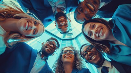 A group of diverse business professionals huddle together, smiling and looking down at the camera. They are all wearing formal business attire. AIG535