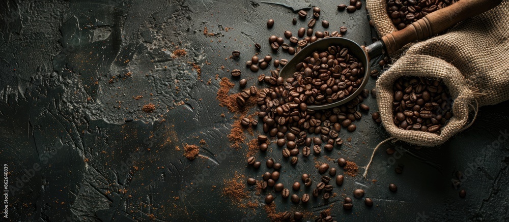 Poster burlap sack containing brown roasted coffee beans alongside a scoop with grains, presented in a rust