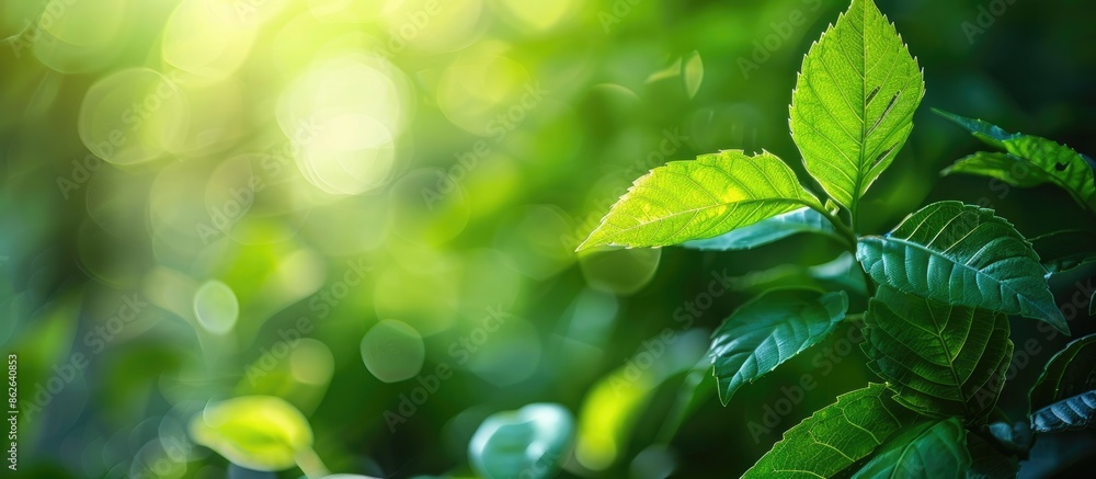 Aufkleber green leaf on a blurred greenery background in a garden, basking in sunlight, with copy space for a 