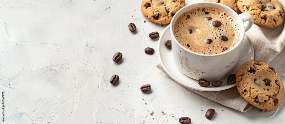 Poster A visually pleasing scene with a cup of coffee and appetizing cookies arranged elegantly on a white surface with ample copy space image.