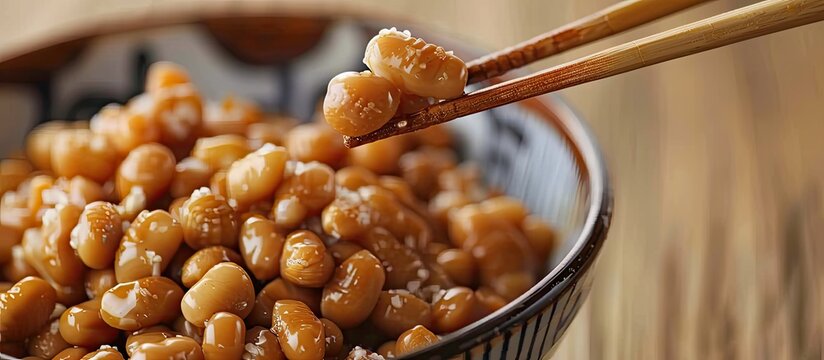 Use chopsticks to mix Japanese natto on a copy space image.