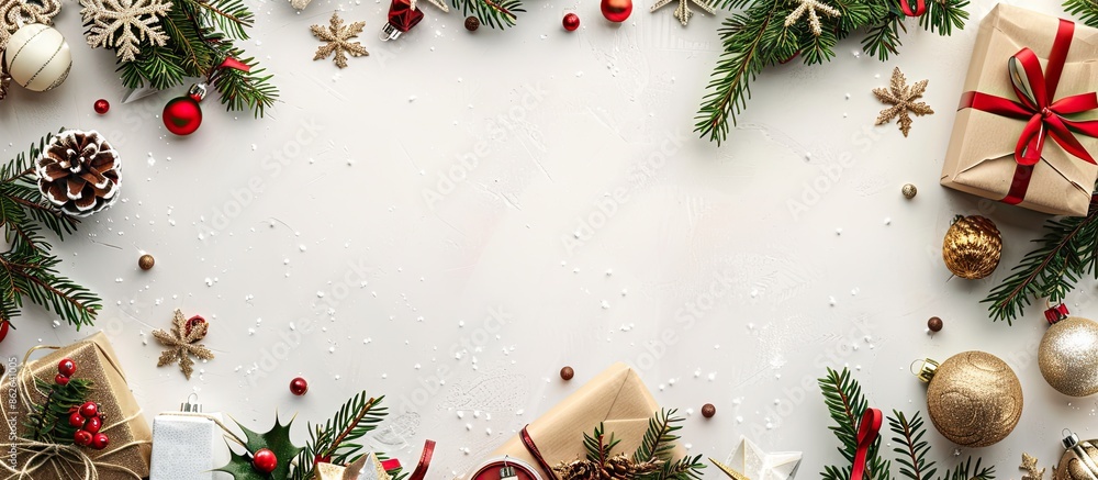 Poster a festive banner design for christmas featuring various decorations like gift boxes, ornaments, and 