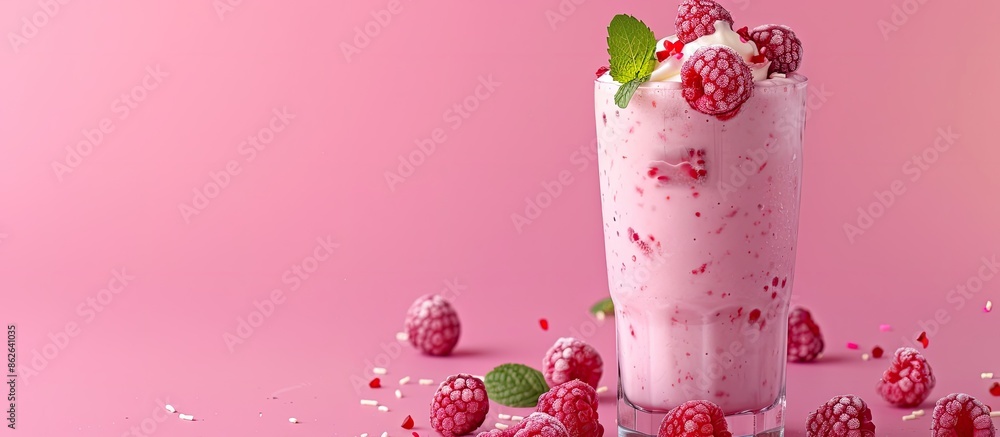 Aufkleber Pink background showcasing a raspberry smoothie with copy space image.