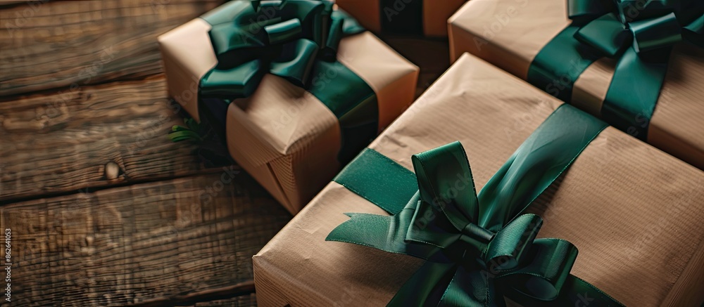 Poster gift boxes with a festive touch, wrapped in brown paper and tied with a green ribbon, presented in a