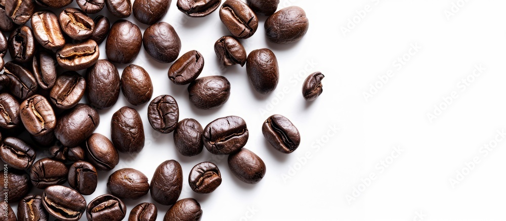 Aufkleber Close-up macro shot of roasted coffee beans creating a textured pattern on a white background with space for text or graphics. Copy space image. Place for adding text and design